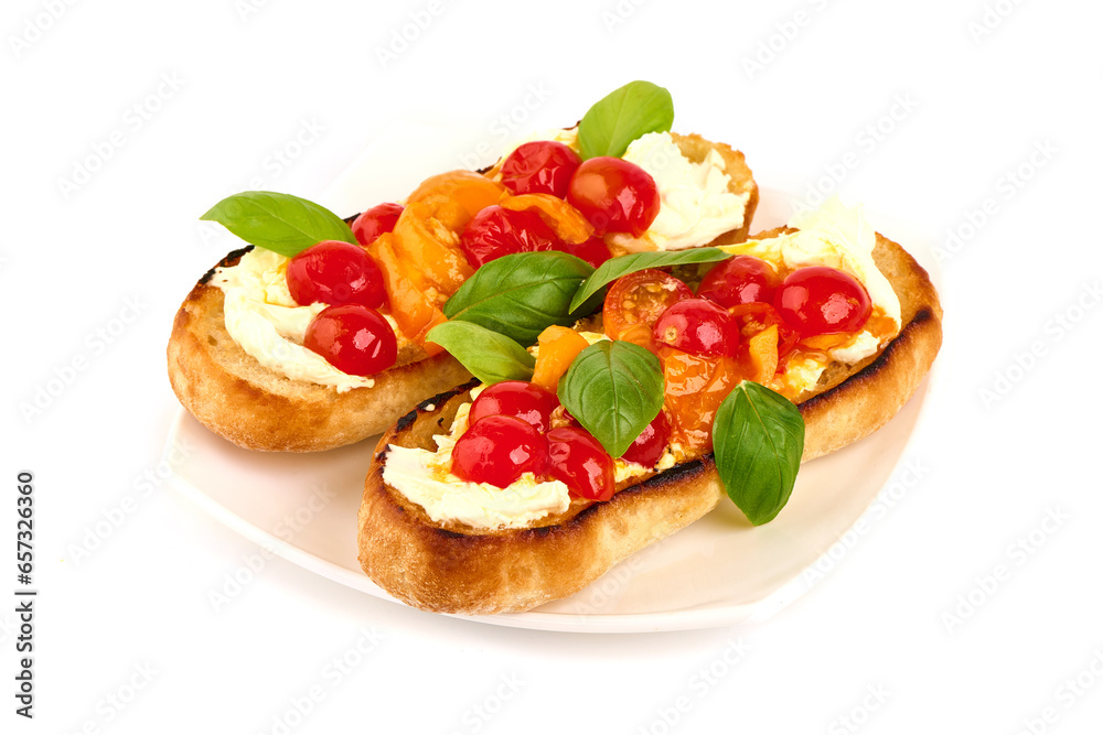 Spanish Tapas and Pinchos with mascarpone cheese, isolated on white background. High resolution image.
