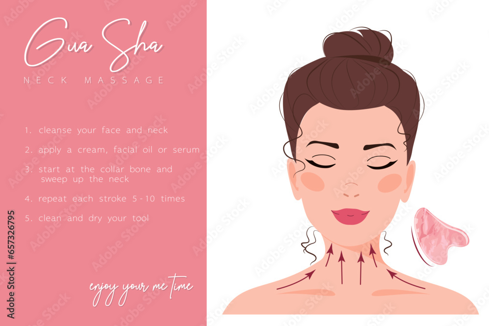 Infographic of gua sha facial yoga neck massage. Direction for jade roller. Acupuncture anti-aging traditional chinese medicine self care method with rose quartz stone. Infographic of gua sha facial yoga neck massage. Direction for jade roller. Acupuncture anti-aging traditional chinese medicine self care method with rose quartz stone.