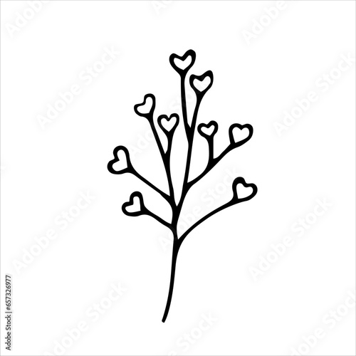 Romantic tree with hearts on the branches. The 14th of February. Valentine's Day. Vector black-and-white hand-drawn doodles. Design of a postcard, template, sketch, icon, clipart.