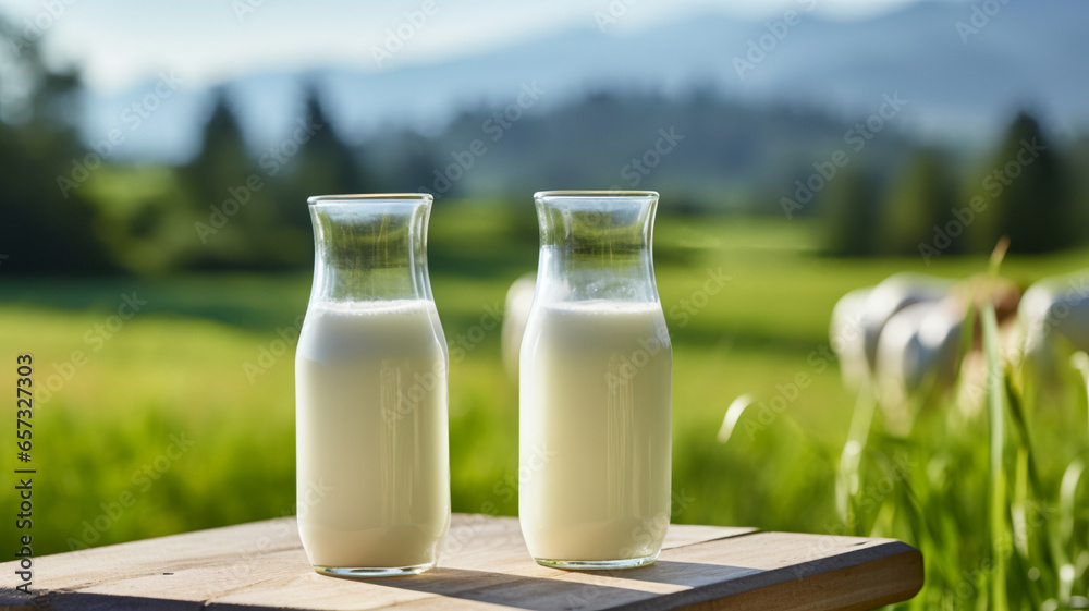 Glass and bottle of fresh milk on green meadow. AI Generative. Glass and bottle of fresh milk on green meadow. AI Generative.