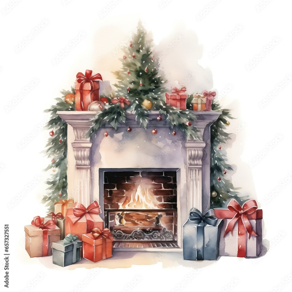 Festive Watercolor Christmas Fireplace with Gift Boxes on White Background
