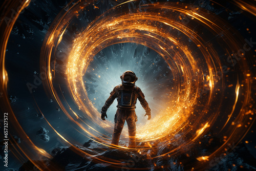 An astronaut floating through a rippling wormhole, surrounded by streaks of light and bending space, illustrating the concept of space-time warping Generative AI