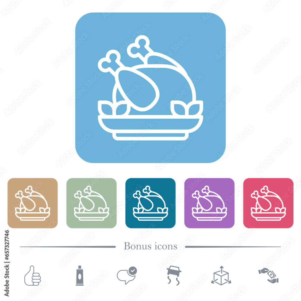 Roasted chicken outline flat icons on color rounded square backgrounds Roasted chicken outline flat icons on color rounded square backgrounds