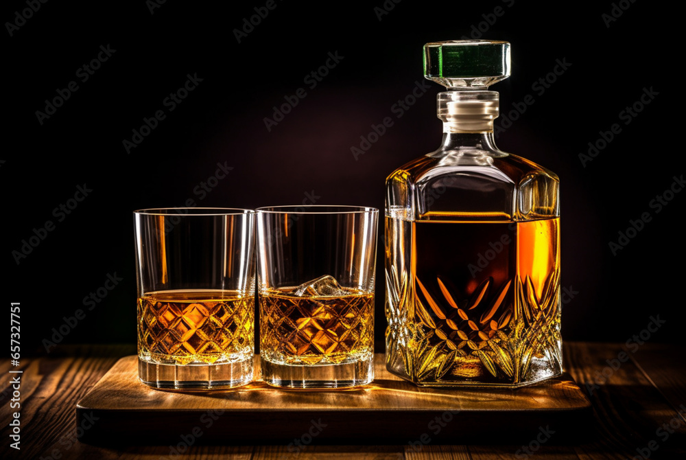 whiskey on a dark wooden table, in the style of luxurious whiskey on a dark wooden table, in the style of luxurious