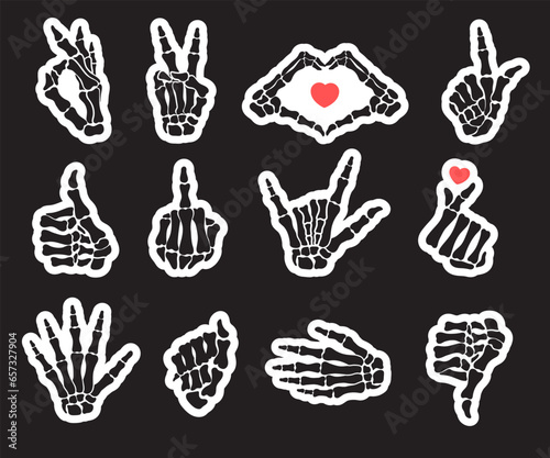 Different hand gestures, set. Like sign, go to hell, fist, peace sign, love, rock and roll. Human bones, skeleton hand.
