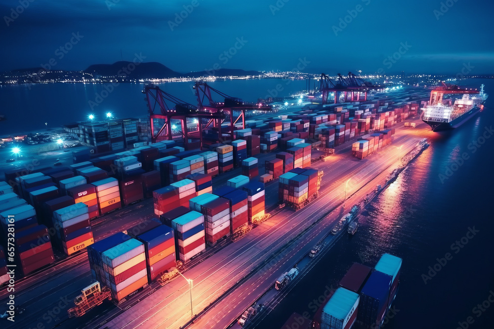 Aerial view of cargo ship and cargo container in night harbor - obrazy, fototapety, plakaty 