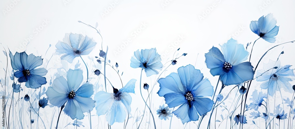 Blue flowers with paint With copyspace for text - obrazy, fototapety, plakaty 