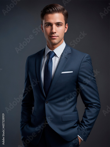 Portrait of a young serious businessman on a dark studio background