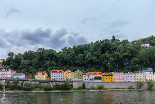 Panoramic view of colorful row of houses at river Danube, Passau, Bavaria, Germany. High quality photo