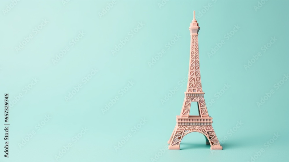 a miniature Eiffel Tower infront of isolated Pale blue and soft mint contrast on right side with copy space.