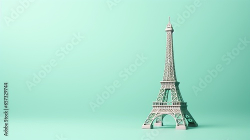 a miniature Eiffel Tower infront of isolated Pale blue and soft mint contrast on right side with copy space. © M Arif
