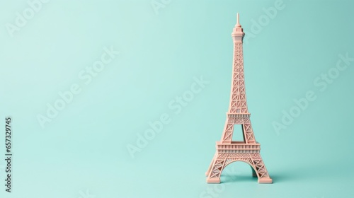 a miniature Eiffel Tower infront of isolated Pale blue and soft mint contrast on right side with copy space. © M Arif