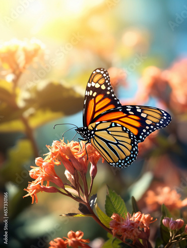 milkweed plant, monarch butterfly, sunny day, diffused background © Marco Attano