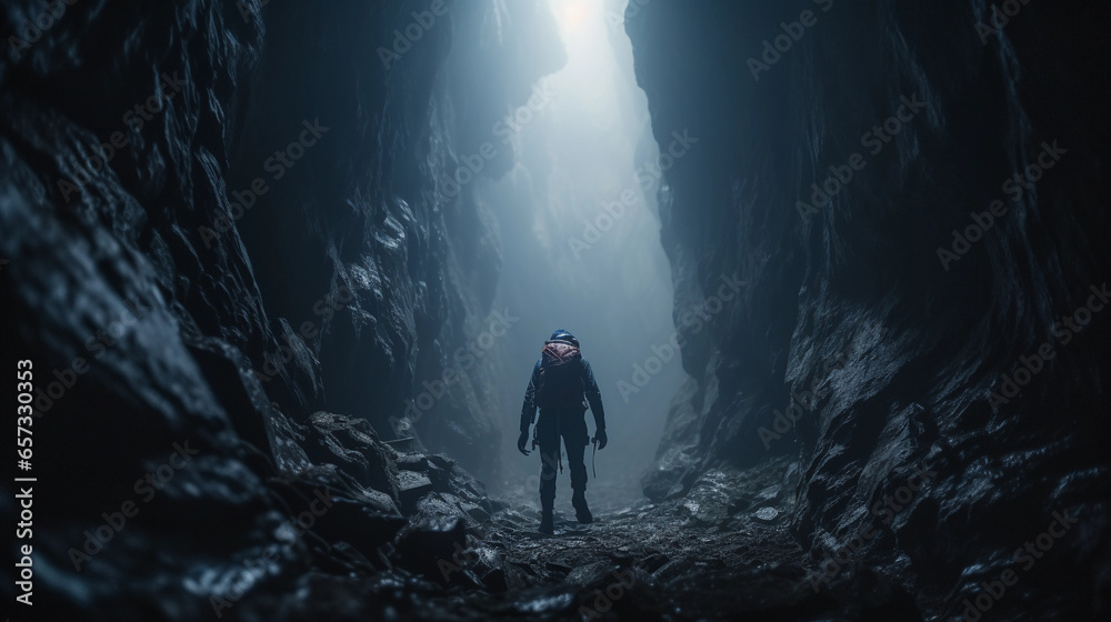 narrow cave passage, climber with headlamp in the distance, misty air, eerie feeling narrow cave passage, climber with headlamp in the distance, misty air, eerie feeling