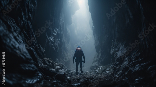 narrow cave passage, climber with headlamp in the distance, misty air, eerie feeling