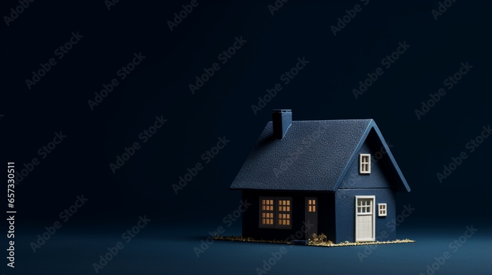a miniature house infront of isolated dark blue and black contrast on left side with copy space. a miniature house infront of isolated dark blue and black contrast on left side with copy space.