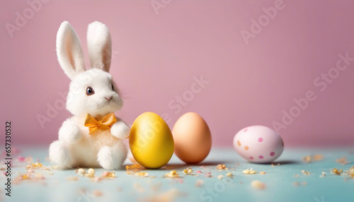 Easter eggs with small easter bunny and copy space