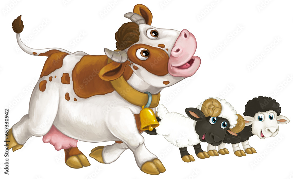 cartoon scene with happy farm animal cow looking and smiling and two sheep friends isolated illustration for children cartoon scene with happy farm animal cow looking and smiling and two sheep friends isolated illustration for children