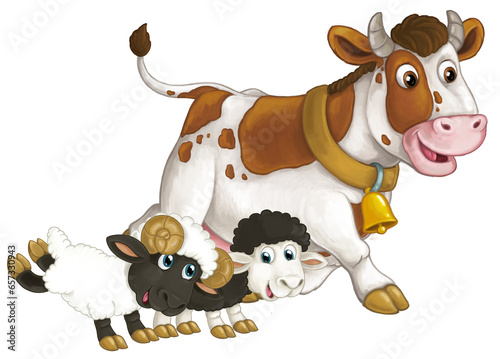 Wallpaper Mural cartoon scene with happy farm animal cow looking and smiling and two sheep friends isolated illustration for children Torontodigital.ca