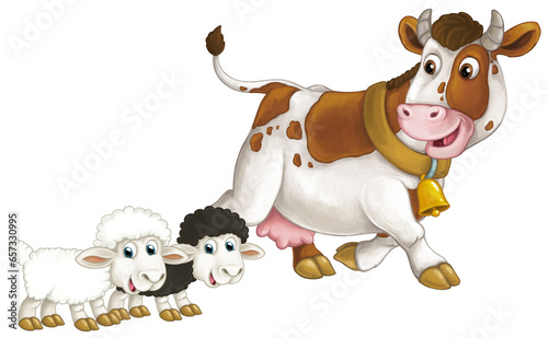 cartoon scene with happy farm animal cow looking and smiling and two sheep friends isolated illustration for children