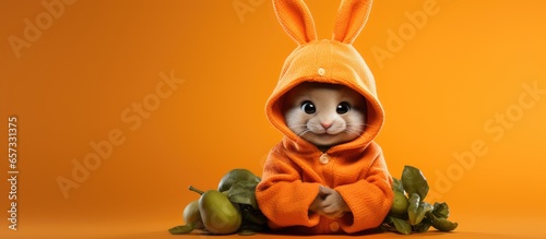 Baby rabbit hiding with carrot With copyspace for text