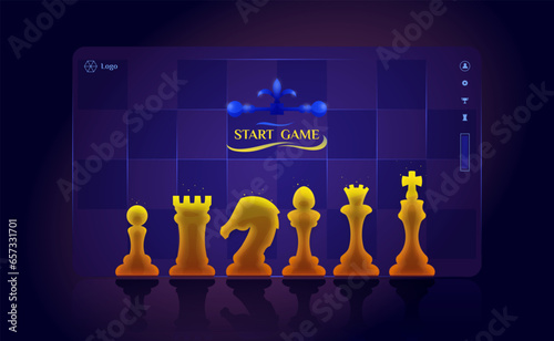 Online chess landing page. Colorful start page template, set of chess pieces, chessboard background, menu with icons, neon color, UI design. Landing page, banner, poster, flyer. Vector illustration.
