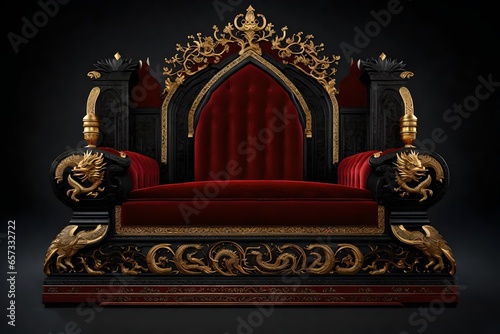 A photorealistic 3D rendering of a large and imposing black royal throne chair isolated on a dark background. 