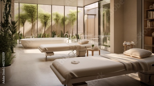 a miniature spa with wellness facilities  massage tables  and serene surroundings. Include open spaces for promoting relaxation or wellness services.