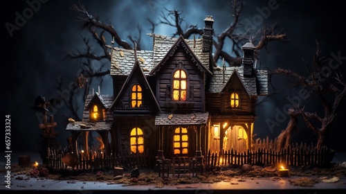 a spooky haunted house with eerie details like cracked windows, tilted fences, and miniature ghosts.