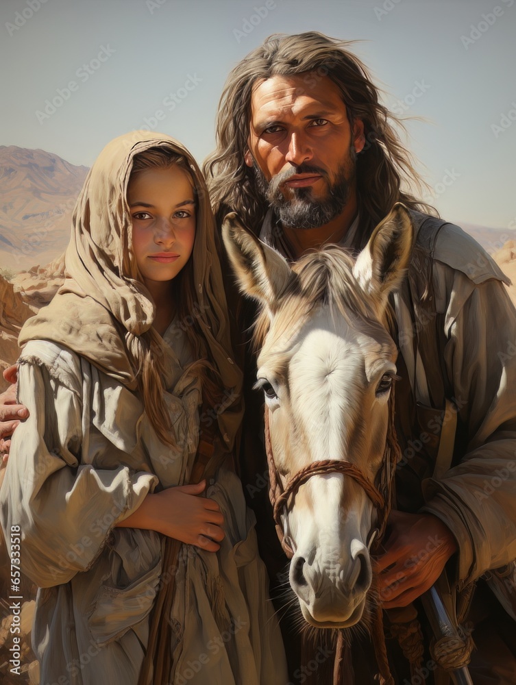 Christian nomads Mary and Joseph with horse in the desert. AI Christian nomads Mary and Joseph with horse in the desert. AI