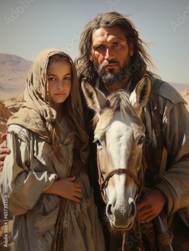 Christian nomads Mary and Joseph with horse in the desert. AI © Vitalii But