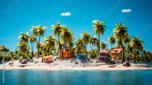 a miniature tropical island with palm trees  a beach bar  and mini beach bungalows. Leave a clear sky or beach area for promotional text.