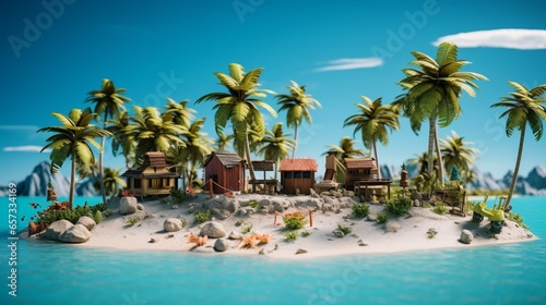 a miniature tropical island with palm trees, a beach bar, and mini beach bungalows. Leave a clear sky or beach area for promotional text.