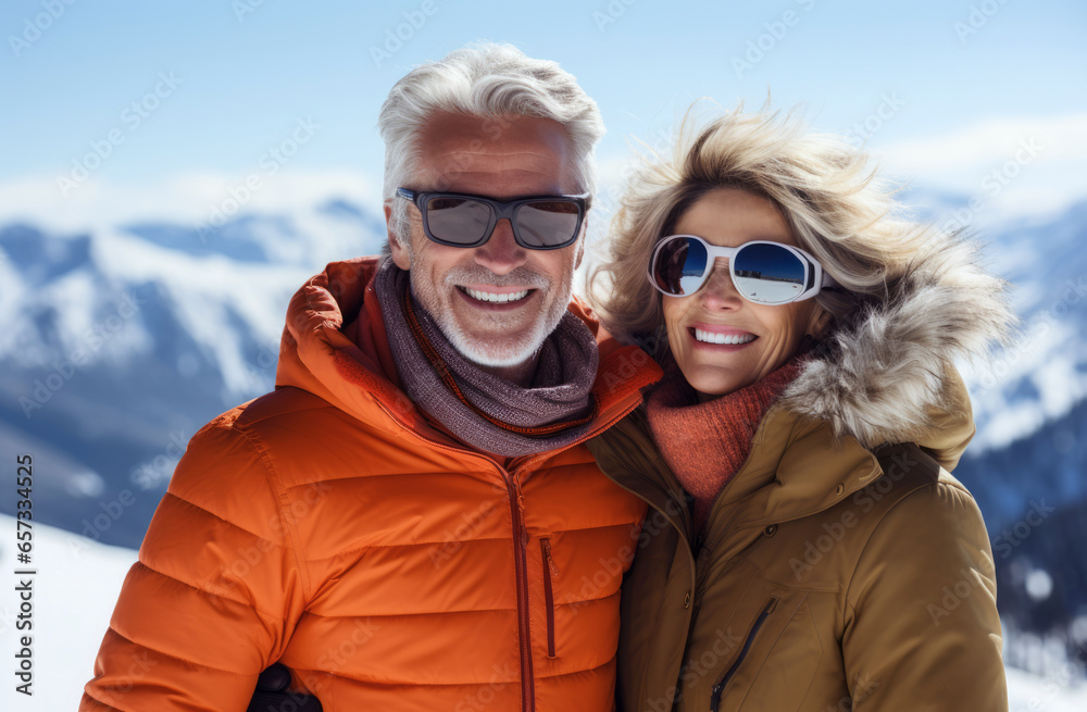 Active old age. An elegant middle-aged elderly couple, leads an active lifestyle. They smile while hiking in the mountains, enjoying the beauty of nature during their active retirement. Love story.