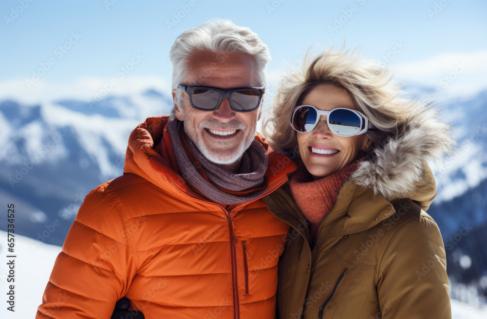 Active old age. An elegant middle-aged elderly couple, leads an active lifestyle. They smile while hiking in the mountains, enjoying the beauty of nature during their active retirement. Love story. Active old age. An elegant middle-aged elderly couple, leads an active lifestyle. They smile while hiking in the mountains, enjoying the beauty of nature during their active retirement. Love story.