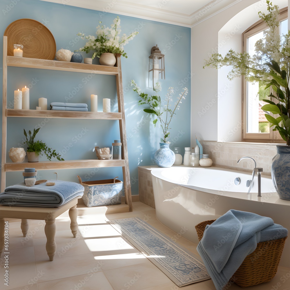 a bath room with a ladder a bath tub and a sink. Mediterranean interior ...