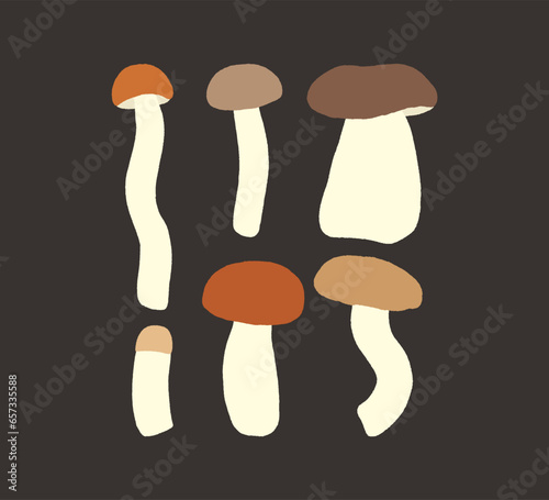  Flat mushroom illustration set. Vector illustration of edible mushrooms. Autumn forest poster