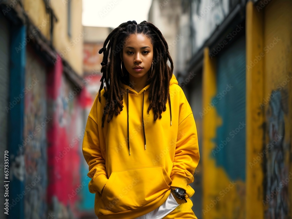 Portrait of beautiful African american woman, dreadlocks and urban clothing style, fashion background, hip hop culture banner with copy space text