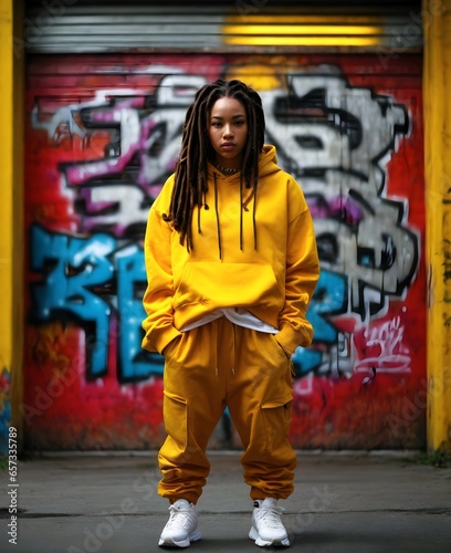 Portrait of beautiful African american woman, dreadlocks and urban clothing style, fashion background, hip hop culture banner with copy space text 