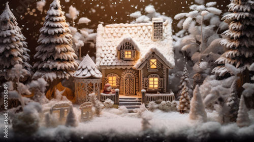 Festive Gingerbread House Scene in the Snowy Landscape