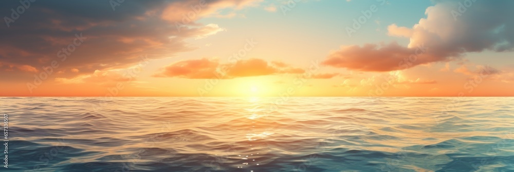 Close-up panoramic view of the ocean's surface glistening under the hues of a setting sun