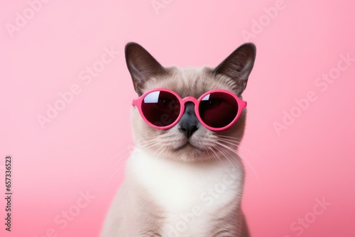 Siamese cat adorned with pink sunglasses, set against a matching pink background