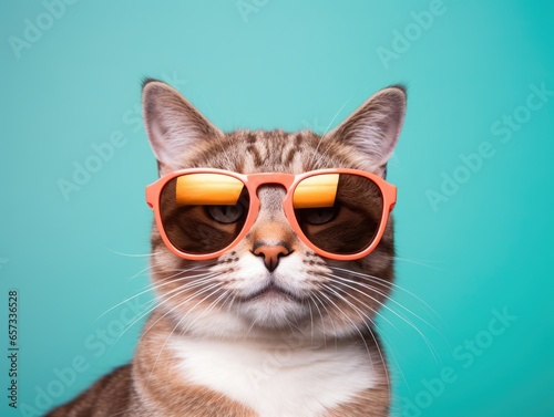 Cat sporting orange-tinted sunglasses, set against a blue backdrop