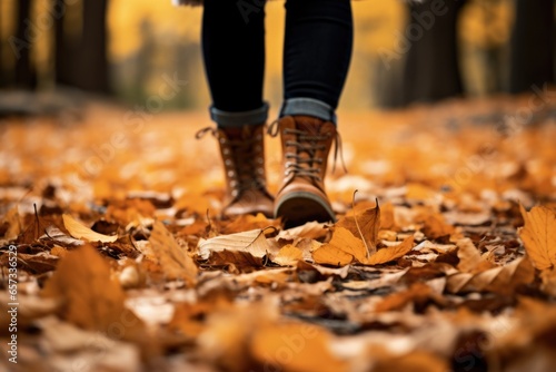 Close-up image of a woman's feet, trekking through a carpet of orange-hued autumn leaves in sturdy leather boots