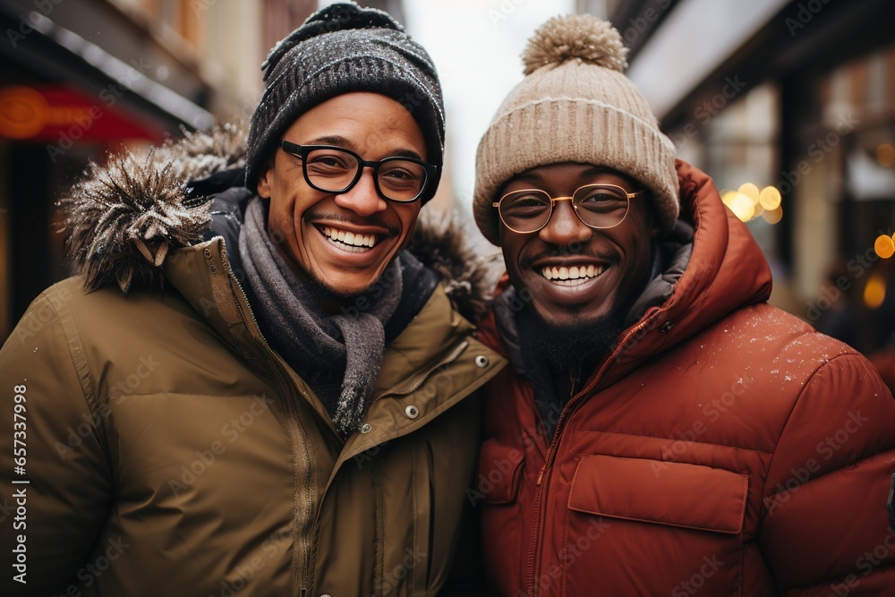 Fototapeta premium mixed-race male gay friends celebrate at a lovely New Year's party During Christmas time