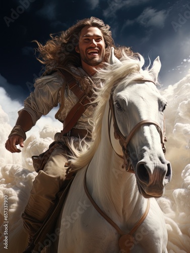 God rides on white horse through the clouds in heaven. AI