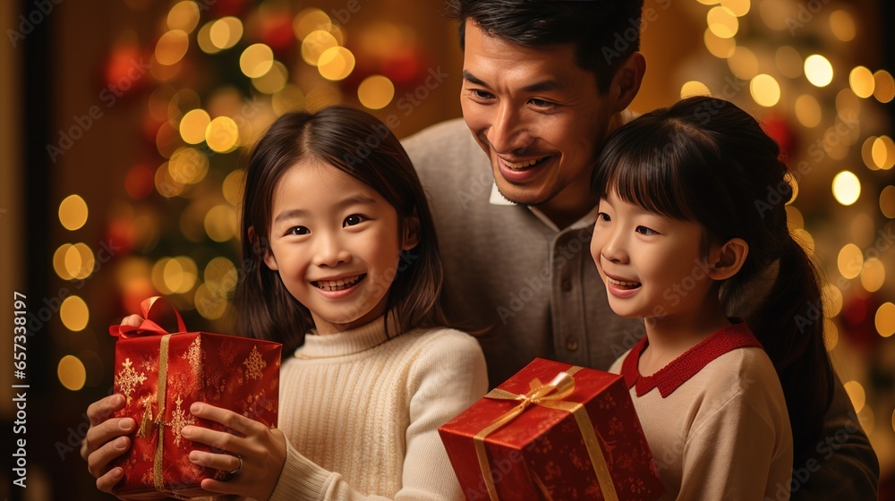A Japanese family unpacking together, capturing the festive New Year party moments A Japanese family unpacking together, capturing the festive New Year party moments