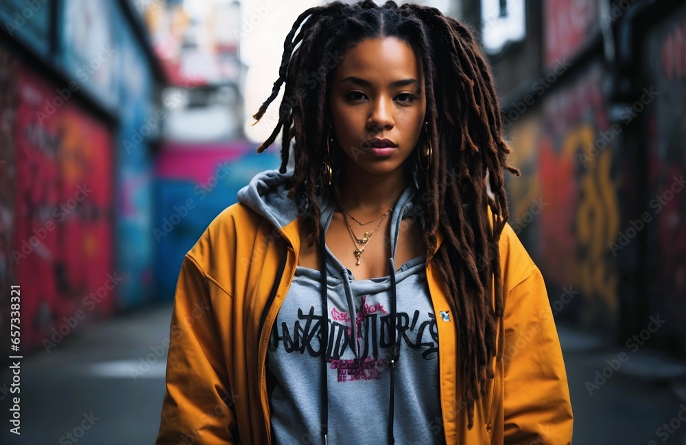 Portrait of beautiful African american woman, dreadlocks and urban clothing style, fashion background, hip hop culture banner with copy space text 