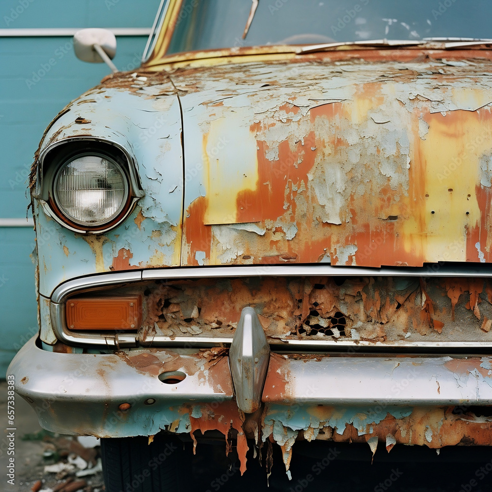 Old rusty car. Deteriorating paint job. Generative AI Old rusty car. Deteriorating paint job. Generative AI