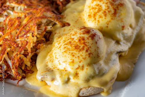 Closeup of eggs benedict with hash browns photo